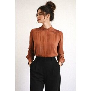 Courtney Rhodes Rust Silk Pleated Button-Back Blouse Sz 16 Vintage 70s Chic Glam